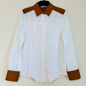 T Tahari Western brown contrasting panels button up long sleeve white shirt S/6